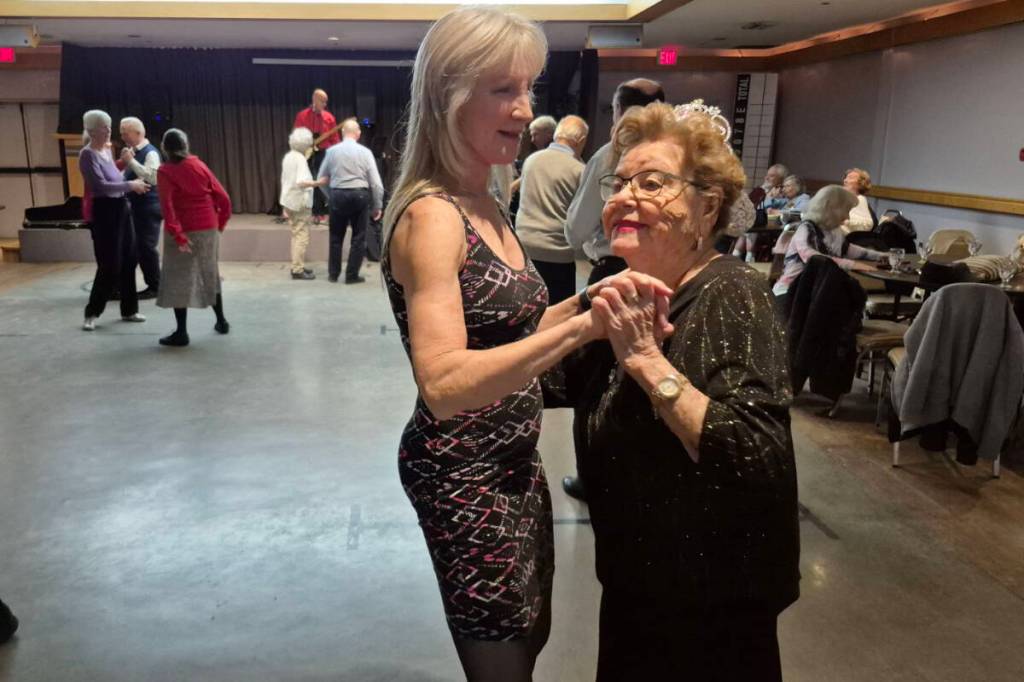 Coldstream&rsquo;s Simone Huhtala (right) enjoys a spin around the dance floor with Sandy Young on the occasion of her 103rd party. Close to 100 friends and family gathered at Vernon&rsquo;s Schubert Centre Friday, Feb. 20, for the party. (Roger Knox - Morning Star)