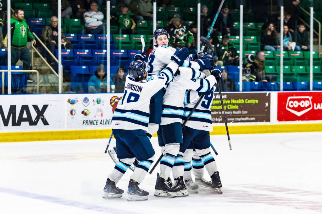 The Penticton Vees celebrate in Prince Albert after winning 3-2 in a shootout and setting the new CHL expansion wins record on Feb. 27, 2026. (Photo: Mark Peterson)