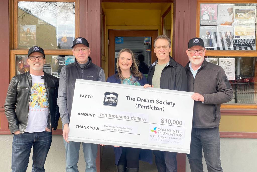 Leaders from the Penticton-based non-profit organization, Dream Society, accept a $10,000 cheque from the Community Foundation of the South Okanagan Similkameen in support of reopening the beloved music venue, the Dream Café, at 67 Front St.