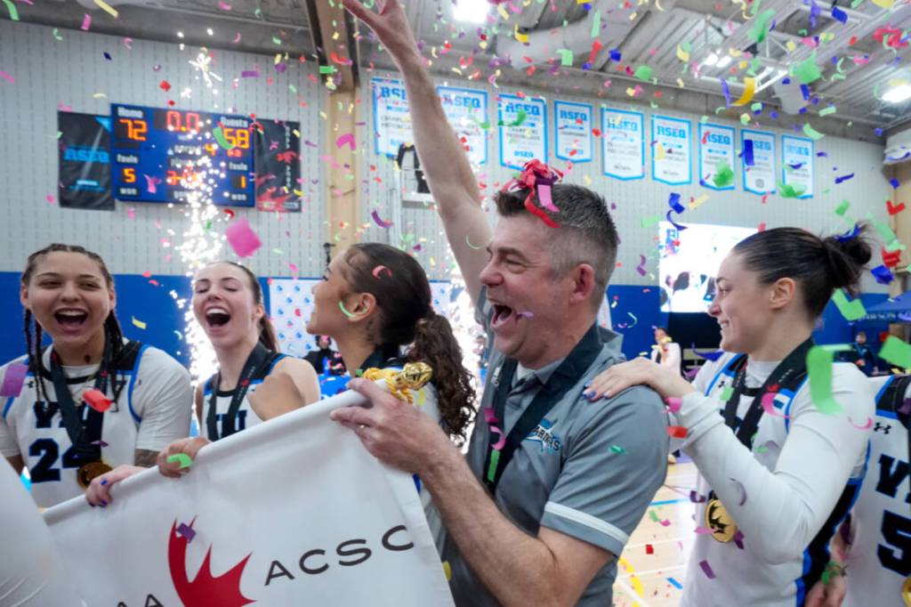 Vancouver Island University Mariners women&rsquo;s basketball team celebrates its 2026 Canadian Collegiate Athletic Association title in Montreal. (Photo courtesy CCAA)